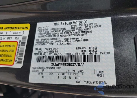 2017 Ford Fusion Se z USA, uszkodzony, nr VIN 3FA6P0HD3HR327877